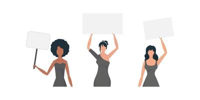 un mujer con un bandera en su manos. protesta concepto. conjunto para pancartas y diseños vector ilustración.