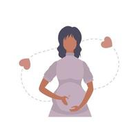 A pregnant woman lovingly holds her lower abdomen. Isolated on white background. Vector illustration.
