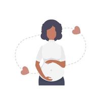 Pregnant Woman lovingly holds her belly. Isolated on white background. Vector illustration.