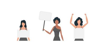 A cute girl is protesting with a banner. The concept of expressing thoughts, dissatisfaction and protests. Set for banners and designs. Vector. vector