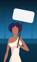 A woman protests with a banner against the backdrop of the city. The concept of expressing thoughts, dissatisfaction and protests. Vector illustration.