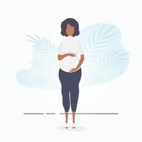 Full length pregnant woman. Well built pregnant female character. Postcard or poster in gentle colors for your design. Flat vector illustration.