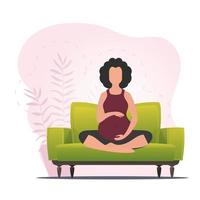 Pregnant woman in the lotus position. Pregnant woman practicing yoga. Vector flat illustration.