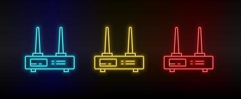 Neon icon set Modem router. Set of red, blue, yellow neon vector icon on transparency dark background