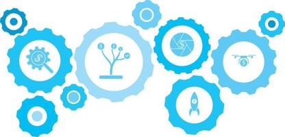 Connected gears and vector icons for logistic, service, shipping, distribution, transport, market, communicate concepts. gear blue icon setbank structure, business .