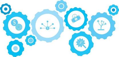 Connected gears and vector icons for logistic, service, shipping, distribution, transport, market, communicate concepts. gear blue icon setanalytics, analysis .