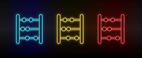 Neon icons, abacus, counting. Set of red, blue, yellow neon vector icon on darken transparent background