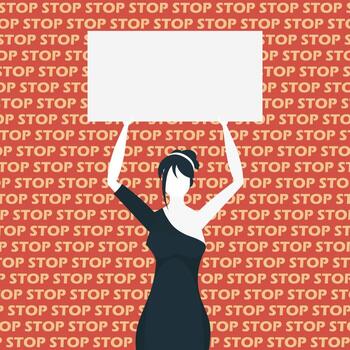A cute girl is protesting with a banner. The concept of expressing thoughts, dissatisfaction and protests. Flat style. Vector. vector