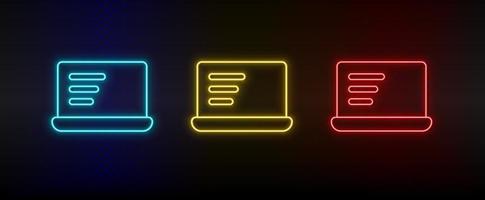 Neon icons, computer, notebook. Set of red, blue, yellow neon vector icon on darken transparent background