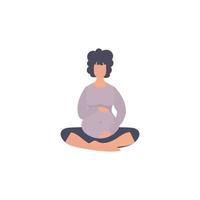 Pregnant girl in the lotus position. Active well built pregnant female character. Isolated on white background. Vector illustration in cartoon style.