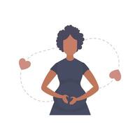 Pregnant girl lovingly holds her lower belly. Isolated on white background. Vector illustration.