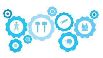 Connected gears and vector icons for logistic, service, shipping, distribution, transport, market, communicate concepts. protect, vest, building gear blue icon set on white background