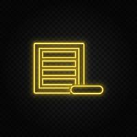 Yellow neon icon box, product, remove.Transparent background. Yellow neon vector icon on dark background