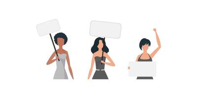 A cute girl is protesting with a banner. The concept of expressing thoughts, dissatisfaction and protests. Set for banners and designs. Vector illustration.