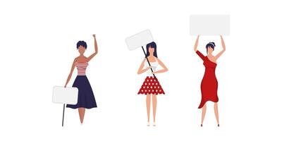 A set of Girls in full growth with a banner in their hands. Isolated on white background. Flat style. Vector illustration.