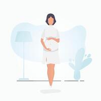 Pregnant girl in full growth. Well built pregnant female character. Postcard or poster in gentle colors for your design. illustration in cartoon style. vector