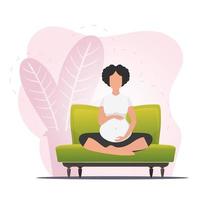 Pregnant woman in the lotus position. Pregnant woman practicing yoga. Vector flat illustration.