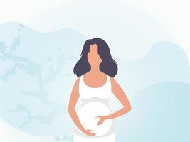 un embarazada mujer sostiene su manos en su estómago. bandera en suave colores. vector. vector