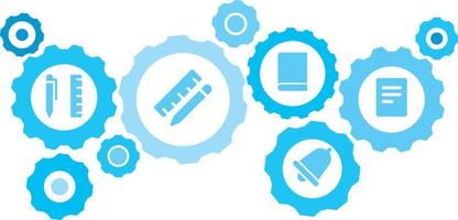 Connected gears and icons for logistic, service, shipping, distribution, transport, market, communicate concepts,document gear blue icon set. Delivery mechanism concept. on white background vector