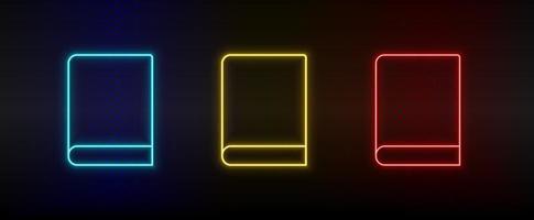 Neon icons, book. Set of red, blue, yellow neon vector icon on darken transparent background