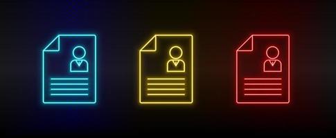 Neon icon set contract, cv. Set of red, blue, yellow neon vector icon on transparency dark background