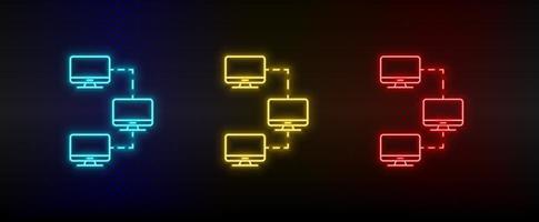 neón icono conjunto computadora lana conjunto de rojo, azul, amarillo neón vector icono en transparencia oscuro antecedentes