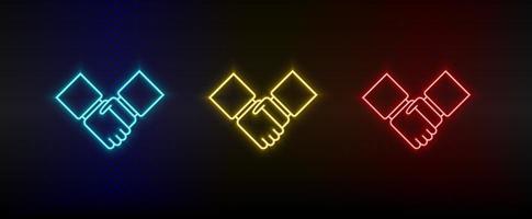 Neon icon set agreement, business. Set of red, blue, yellow neon vector icon on transparency dark background