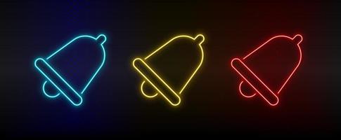 Neon icons, bell. Set of red, blue, yellow neon vector icon on darken transparent background