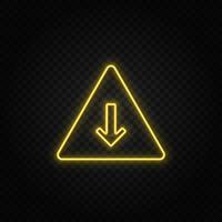 Yellow neon icon arrow, down, pyramid.Transparent background. Yellow neon vector icon on dark background