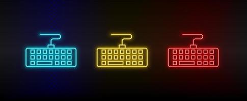 Neon icon set Computer hardware. Set of red, blue, yellow neon vector icon on transparency dark background