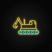 building, construction, excavator. Blue and yellow neon vector icon. Vector transparent background