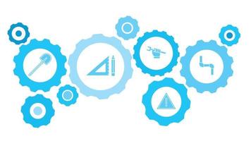 Connected gears and vector icons for logistic, service, shipping, distribution, transport, market, communicate concepts. building, construction, industry, pipe gear blue icon set on white background