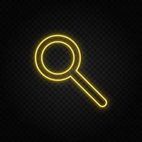 Yellow neon icon search, loupe. Transparent background. Yellow neon vector icon on dark background