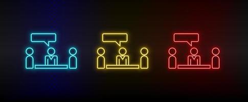 Neon icon set business meeting, job interview. Set of red, blue, yellow neon vector icon on transparency dark background