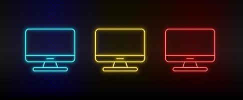 Neon icon set Computer desktop. Set of red, blue, yellow neon vector icon on transparency dark background