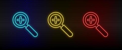 Neon icons, loupe, zoom in. Set of red, blue, yellow neon vector icon on darken transparent background