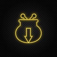 Yellow neon icon money, payment, wallet.Transparent background. Yellow neon vector icon on dark background