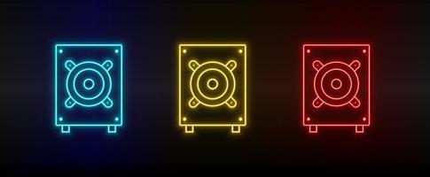 Neon icon set Bass hardware. Set of red, blue, yellow neon vector icon on transparency dark background