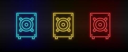 Neon icon set Bass hardware. Set of red, blue, yellow neon vector icon on transparency dark background