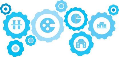 Connected gears and icons for logistic, service, shipping, distribution, transport, market, communicate concepts,building, college gear blue icon set. Delivery mechanism concept. on white background vector