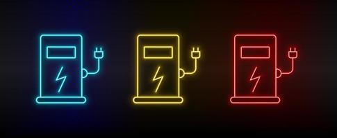 Neon icon set refill, charge, eco. Set of red, blue, yellow neon vector icon on transparency dark background