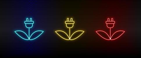 Neon icon set charging, eco, plants. Set of red, blue, yellow neon vector icon on transparency dark background