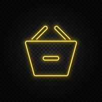 Yellow neon icon basket, remove, shopping.Transparent background. Yellow neon vector icon on dark background