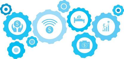 Connected gears and vector icons for logistic, service, shipping, distribution, transport, market, communicate concepts. gear blue icon setfinance, financial radar .