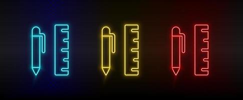 Neon icons, ballpeen, ruler, scale. Set of red, blue, yellow neon vector icon on darken transparent background