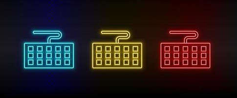 Neon icons, keyboard, computer. Set of red, blue, yellow neon vector icon on darken transparent background