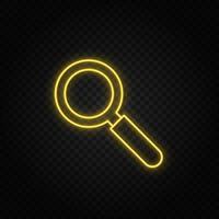 Yellow neon icon search, loupe. Transparent background. Yellow neon vector icon on dark background