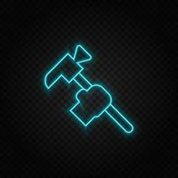building, construction, industry, hammer. Blue and yellow neon vector icon. Vector transparent background