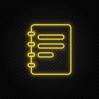 Yellow neon icon jotter, notebook. Transparent background. Yellow neon vector icon on dark background