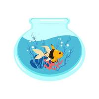 Goldfish in an aquarium with corals and algae, vector illustration of an aquarium in a flat style. Print for clothes